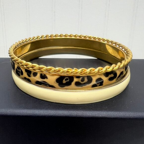 J Crew Leopard Print, White & Gold Enamel Bangle Bracelets - Set of 3 - Picture 1 of 4